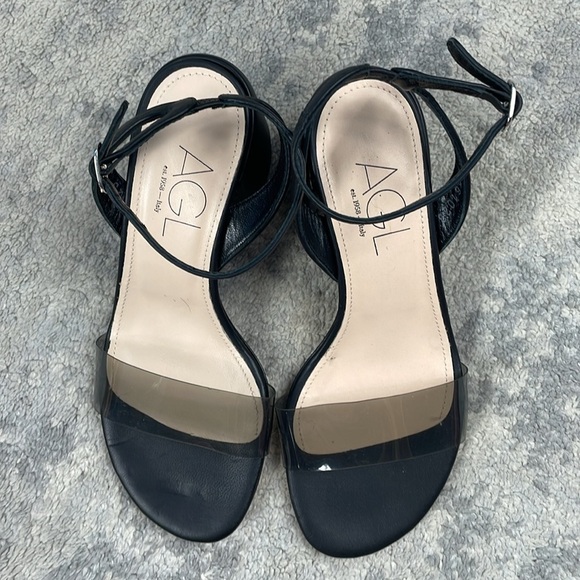 New AGL Isabelle Half Moon Block Sandals Clear PVC Toe Strap Black Sz 36 - Picture 5 of 14